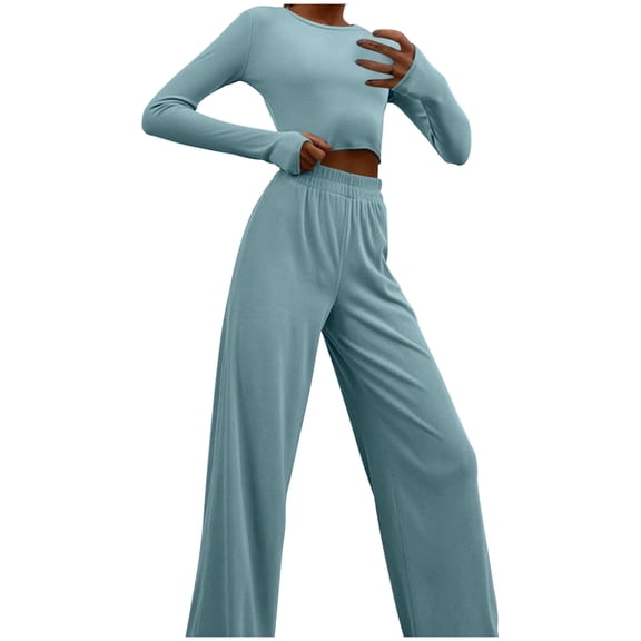 Lovzfmll Women's Two Piece Outfits Sweater Sets Printed Long Sleeve Round Neck Knit Pullover Tops and High Waisted Long Pants Sets