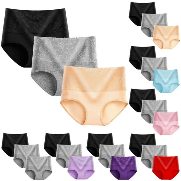 Lovzfmll Women's Underwear 3-Pack High Waist Briefs, Floral Embroidery Ultra Soft Cotton Panties, Tummy Control Lace Trim Underwear