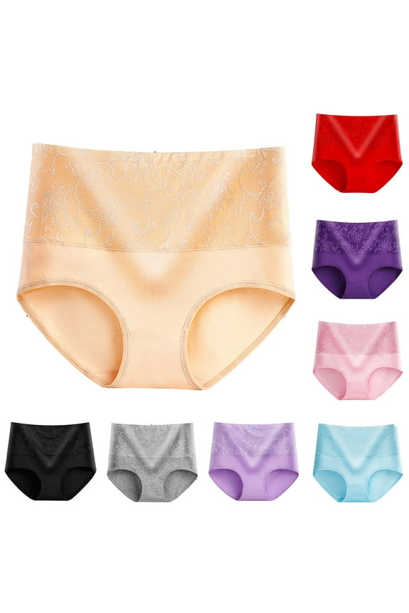 Women's Underwear, High Waist Embroidered Rose Panties, Tummy Control Cotton Briefs with Lace Trim, 5-Pack Comfortable Shaping Underwear for Everyday Wear