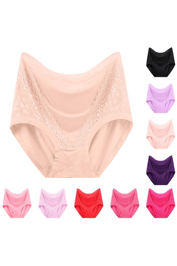 Women's Underwear, High Waist Modal Cotton Briefs, Plus Size Lace Trim Panties, Breathable Comfort Shorts with Tummy Control