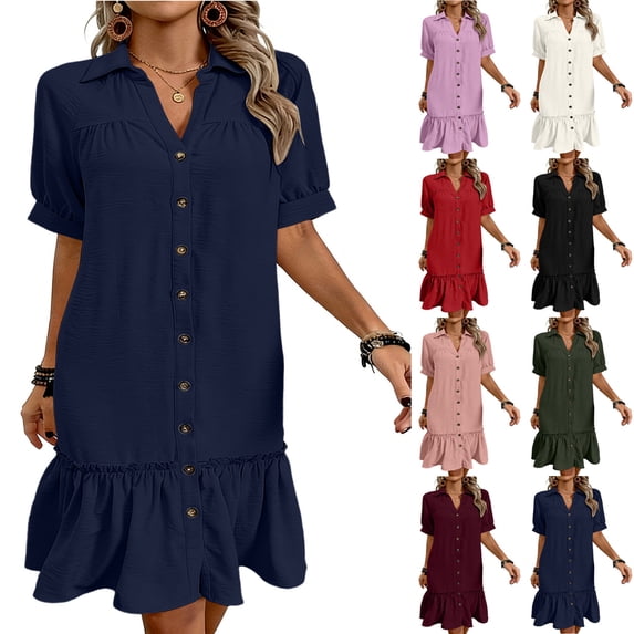 Lovzfmll Women's V Neck Short Sleeve Ruffle Hem Solid Shirt Mini Dress, Loose Casual Dress Wine, XL
