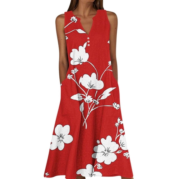 Lovzfmll Women's V Neck Sleeveless Floral Print Camisole Maxi Sundress, Loose Casual Beach Vacation Dress Red-B, M