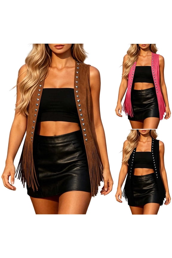 Women's Vest, Fringe Western Sleeveless Studded Jacket, Dressy Casual Party Outerwear Khaki, L