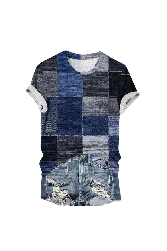 Women's Vintage Gingham Check Print Tee, Retro Short Sleeve Round Neck Top, Casual Comfort Blouse