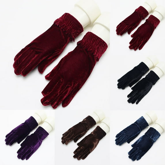 Lovzfmll Women's Winter Gloves, Velvet Fleece Lined Ribbed Cuff, Solid Color Cold Proof Handwear for Elegant Occasions, Wine