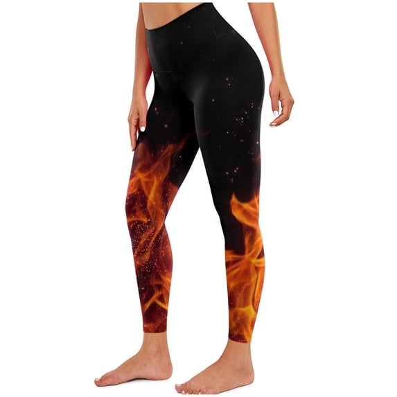Lovzfmll Women's Yoga Leggings, Flame Print Stretch Active, Slim Ankle Length Leggings Orange-B, L