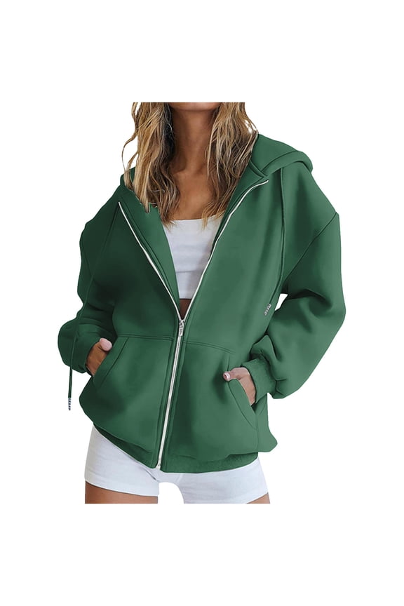 Women's Zip Up Hoodie, Solid Color Sweatshirt Essentials Hoodie with Pocket, Loose Fit Casual Outerwear Jacket
