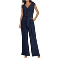 thumbnail image 1 of Lovzfmll Womens Jumpsuits Casual, Womens Fashion Summer Solid Color Loose V Neck Belted High Waist Long Pants Jumpsuits Dressy Summer Outfits Casual Wide Leg Long Pants Rompers Dark Blue S, 1 of 8