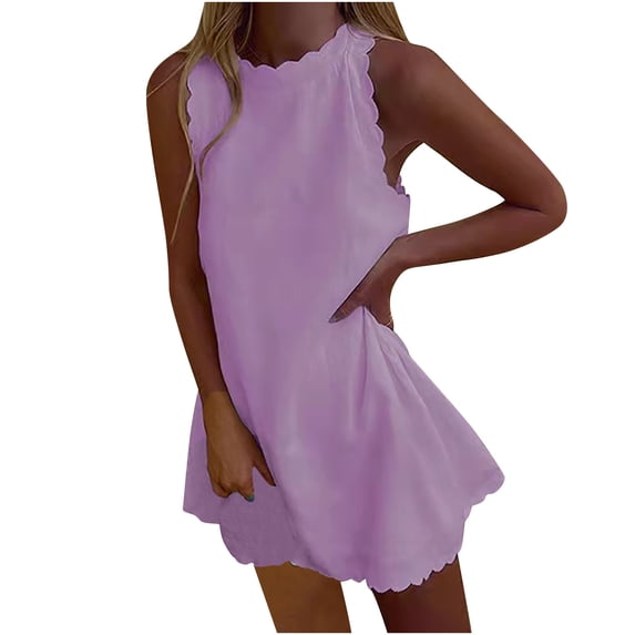 Lovzfmll Womens Oversized Summer Dresses! Womens Summer Dresses 2024 Sleeveless Button Down Smocked Elastic Waist Ruffle Tiered Casual Swing Mini Dress Purple L