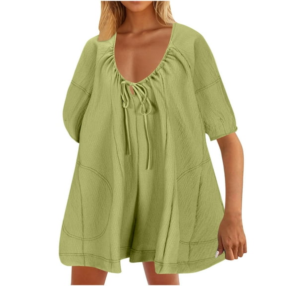 Lovzfmll Womens Summer Dresses, Womens 2024 Summer Breathable Casual Mini Dress Flowy Lightweight Leisure Loose Comfortable Round Neck Sports Solid Color Jumpsuit Dress Green A S