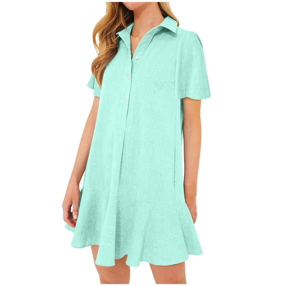 Lovzfmll Womens Summer Dresses, Womens 2024 Summer Breathable Mini Dress Flowy Casual Loose V-Neck Solid Color Lapel Sleeveless Button Up Open Chest Pleated Ruffled Dress Mint Green XL