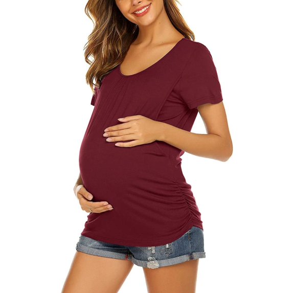 Lovzfmll Womens Tops Summer Solid Color Round Neck Short Sleeve Casual Loose Daily Comfortable Breastfeeding Blouse for Pregnant Women Nursing Clothes Lightweight T-Shirt Wine L