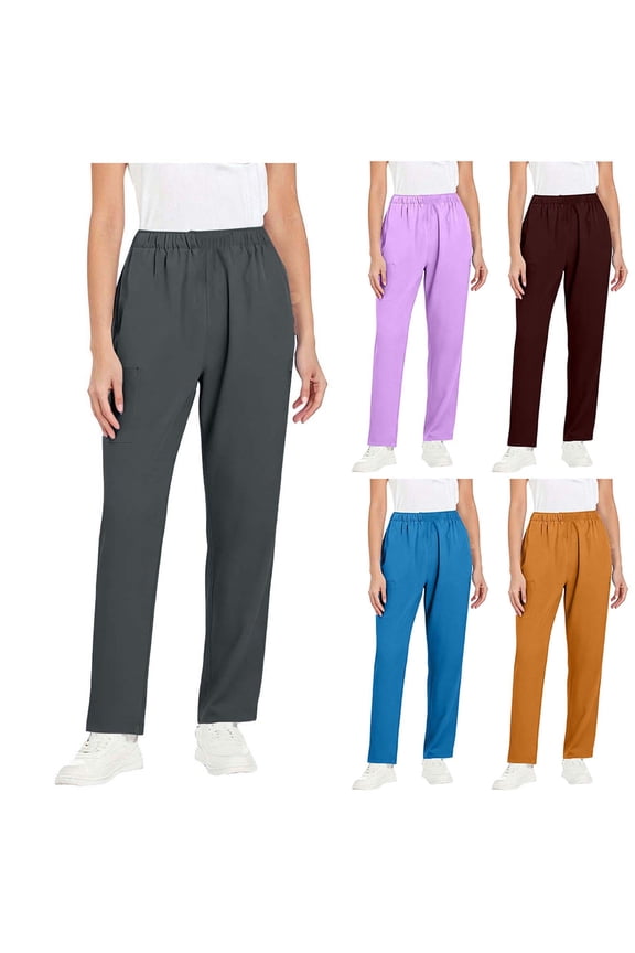 Work Uniform Pants for Women, Straight Leg Elastic Waist Trousers, Solid Color Utility Scrubs with Pockets Light Blue, S
