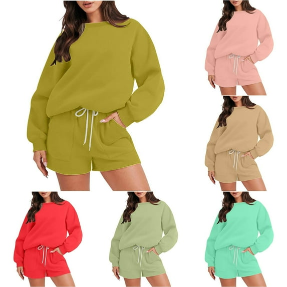 Lovzfmll Workout Sets for Women, 2 Piece Shorts Set with Pocket, Casual Long Sleeve Top Pullover, Athletic Outfits