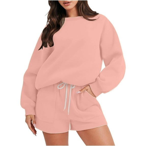 Lovzfmll Workout Sets for Women, 2 Piece Shorts Set with Pocket, Casual Long Sleeve Top Pullover, Athletic Outfits
