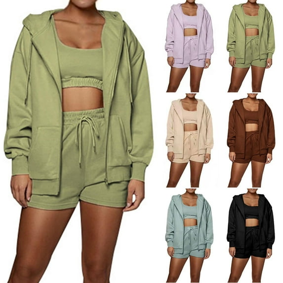 Lovzfmll Workout Sets for Women, 2 Piece Zip Up Hoodie Jacket and Shorts Set, Loose Fit Casual Running Athletic Outfits