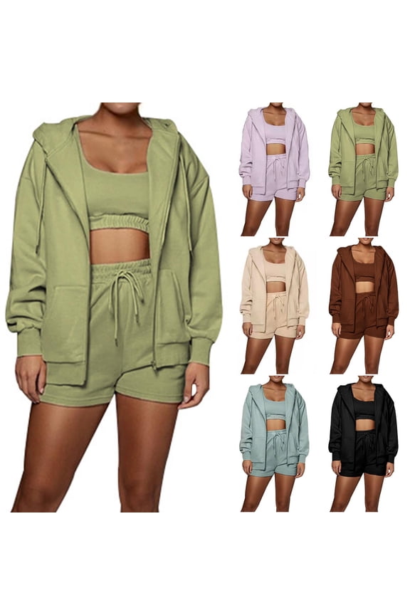 Workout Sets for Women, 2 Piece Zip Up Hoodie Jacket and Shorts Set, Loose Fit Casual Running Athletic Outfits