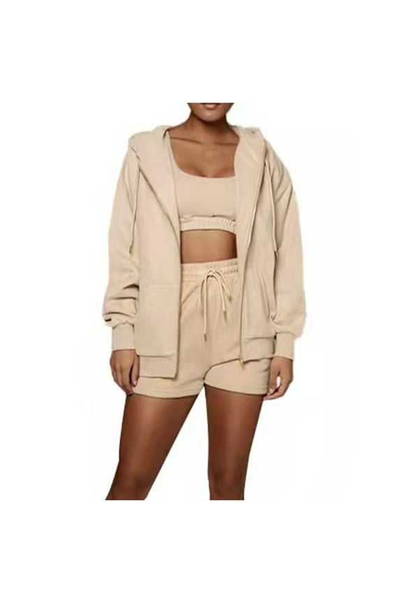 Workout Sets for Women, 2 Piece Zip Up Hoodie Jacket and Shorts Set, Loose Fit Casual Running Athletic Outfits