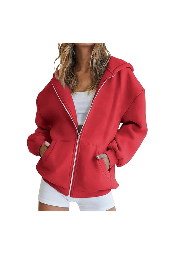 Zip Up Hoodie for Women, Solid Color Sweatshirt Essentials Hoodie with Pocket, Loose Fit Casual Outerwear Jacket
