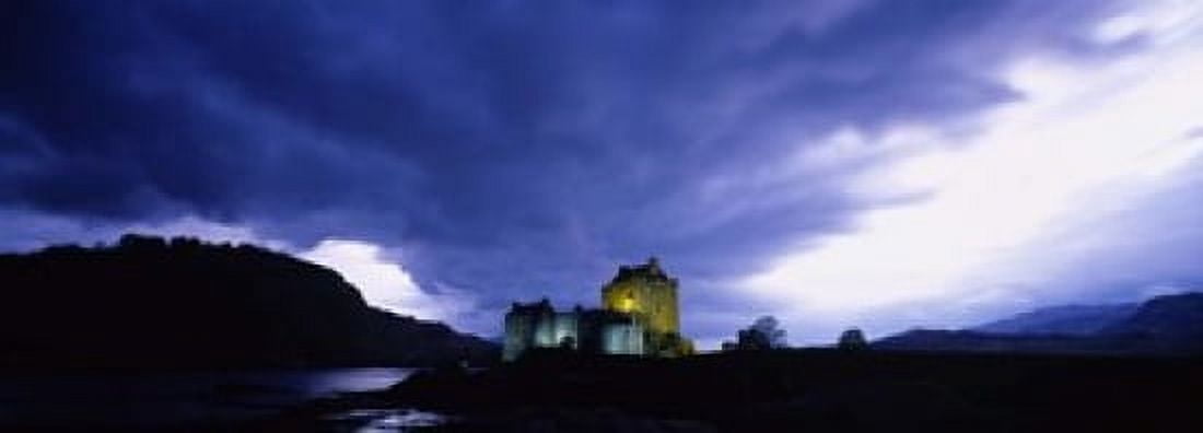 Low Angle View Of A Castle Lit Up At Dusk Eilean Donan Castle Highlands Scotland United Kingdom Canvas Art - Panoramic Images (18 x 7)