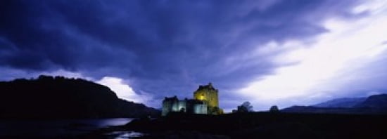 Low Angle View Of A Castle Lit Up At Dusk Eilean Donan Castle Highlands Scotland United Kingdom Canvas Art - Panoramic Images (36 x 13)