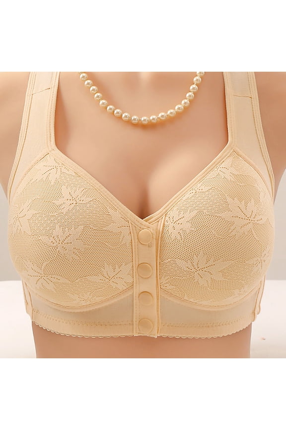Low Back Bras for Women Push up Women's Front Snap Closure Lace Bra, Floral Wide Strap Full Support Comfortable Soft Cup Everyday Brassiere for Elder Beige 3XL