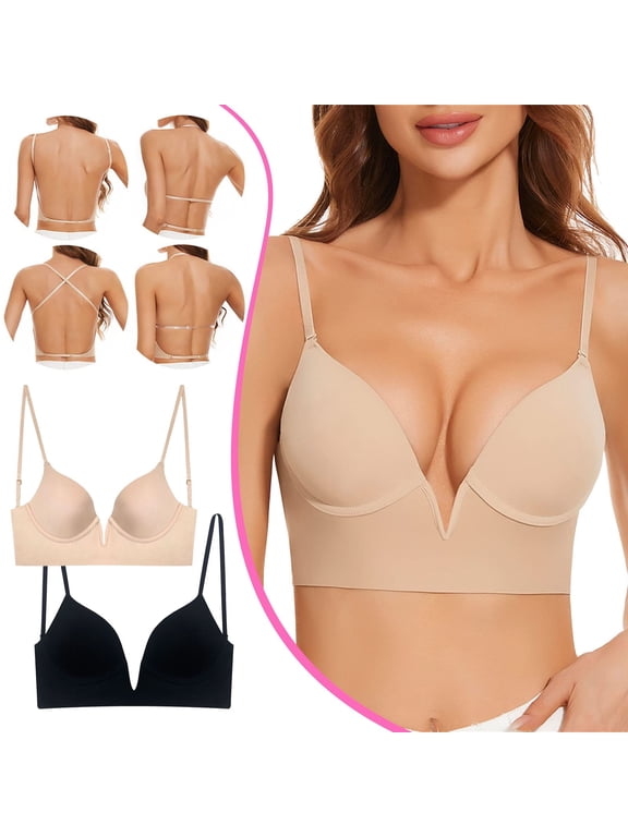 Low Back Bras for Women-Seamless Invisible Backless Bra-Demi Lightly Lined No Show Low Cut Bra Halter Multiway Bras