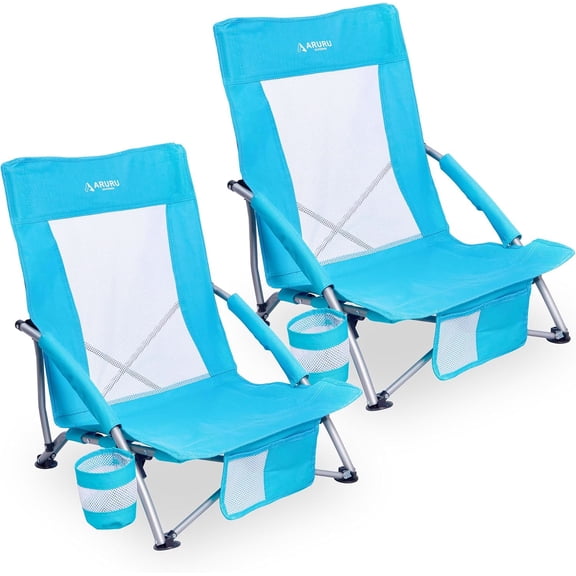 Low Back Folding Beach Chairs for Adults 2 Pack Portable Lightweight Sling Chair with Cup Holder and Armrest Ocean Blue