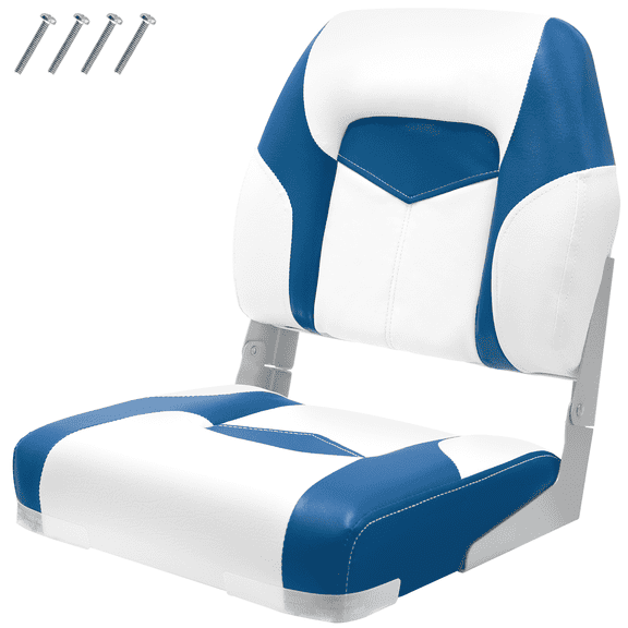 Low Back Folding Boat Seat, Waterproof Captain Chair with Thick Padding, Aluminum Hinges & Stainless Steel Hardware White & Blue