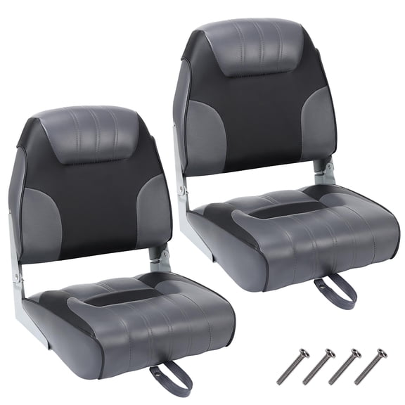 Low Back Folding Boat Seats 2-Pack, Marine Grade Waterproof PVC, Ideal for Fishing Boats, Jon Boats, Speedboats, Black and Gray