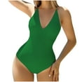 thumbnail image 1 of Low Back Womens One Piece Swimsuits V Neck Solid Padded Bathing Suit Cross Spaghetti Strap Slimming Swimwear Green, XL, 1 of 5