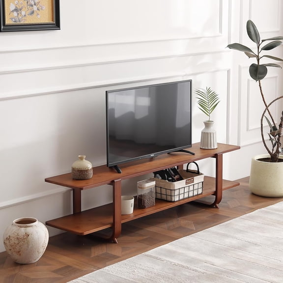 Low Bamboo TV Stand for 65" TV, 2-Tier Open Shelves, Walnut | Modern Entertainment Center, Open Shelf for Gaming Consoles, Soundbar, Media Console Table