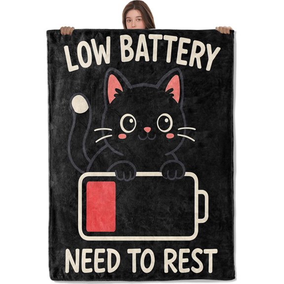 Low Battery Cat Blanket, Comfy & Warm Flannel Cute Black Kitten Throw Blanket for Couch, Gifts for Women Kids, Soft Fuzzy Lightweight Travel Bed Blankets for Decor 50"×60"
