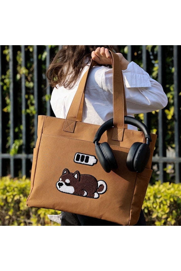 Low Battery Cotton Canvas Tote Bag for Women, Large Embroidered Shoulder Bag with Zipper, Travel Work Everyday Carry Tote (Tan)