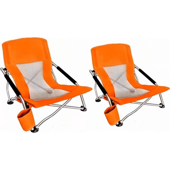 Low Beach Chair 2 Pack Folding Portable Sling Chair with Cup Holder and Carry Bag Orange