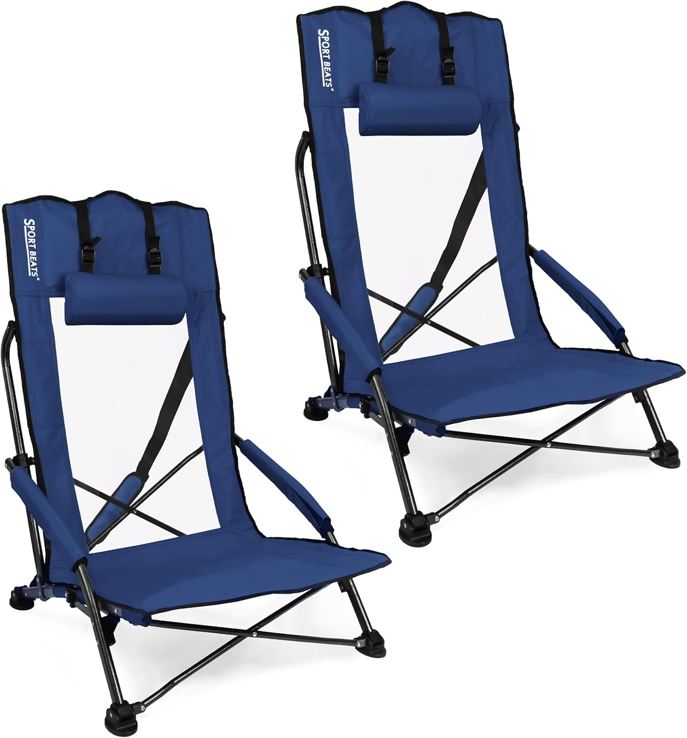 Low Beach Chairs Set of 2 Folding Beach Chairs High Back Support with ...