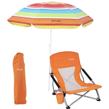 Low Beach Folding Camping Chair with Detachable SPF 50+ Umbrella, Armrests and Cup Holder, Portable Lightweight Sand Chair for Outdoor Camping, Beach, Picnic (1-Pack Orange)