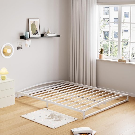 Low Bed Frame, 6 in Full Size Metal Platform Bed Frame with Arch Design, Heavy Duty Bed Frame, Strong Bearing Capacity, No Box Spring Needed, White