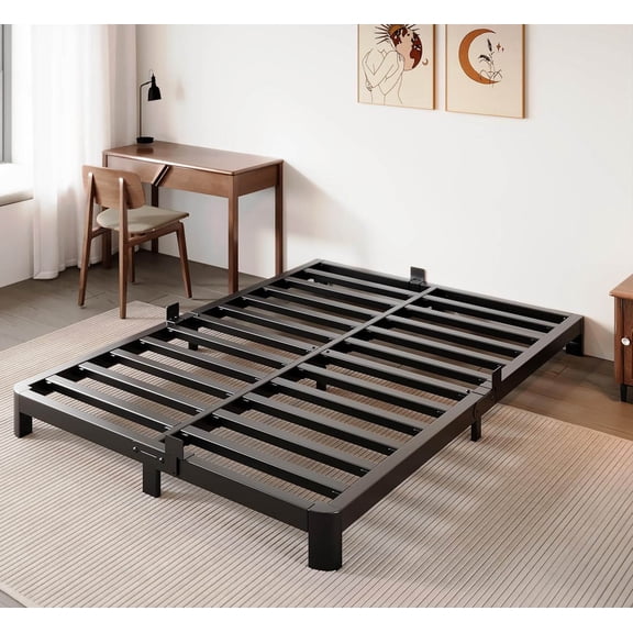 Low Bed Frame Queen, Low Profile Bed Frame No Box Spring Needed with Mattress Stoppers, DIY Headboard, Heavy Duty Steel Support, Rounded Legs, Easy Assembly, Noiseless