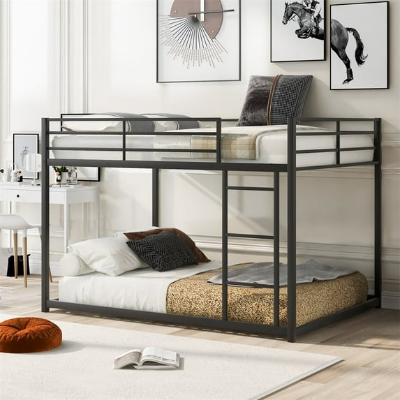 Low Bunk Bed Full over Full, Metal Bunk Bed Frame with Full-Length Guardrails and Side Ladder, Heavy Duty Floor Bunk Bed, Space-Saving Loft Bunk Bed, No Box Spring Needed, Black