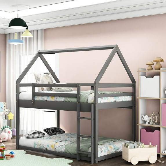 Low Bunk Bed Twin Over Gray - House Design For Relaxed Sleep With House-shaped Nights