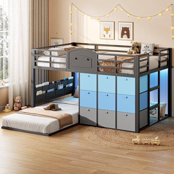 Low Bunk Bed Twin Over Twin with 9 Storage Drawers, Grey Metal Twin Bunk Bed With Storage