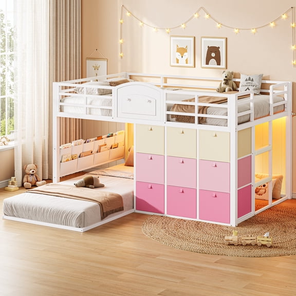 Low Bunk Bed Twin Over Twin with 9 Storage Drawers, White Metal Twin Bunk Bed With Storage LED Light, Safety Guardrail, Stairs, No Box Spring Needed