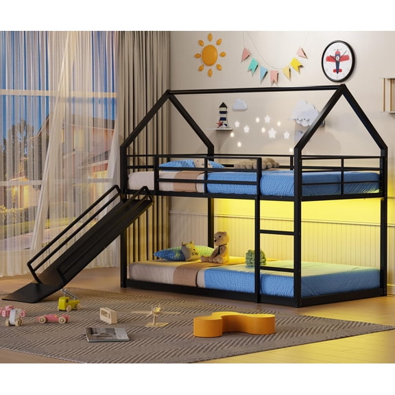Low Bunk Bed Twin Size with Slide 40° Gentle-Slope & LED Light, House-Shaped with Extra-Tall Guardrail & Ladder, No Box Spring Needed, Black