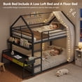 thumbnail image 1 of Low Bunk Bed Twin Over Twin with Desk and 2 Storage Drawers, Metal Floor Bunk Beds with Bookshelf & Side Pockets, House Shaped Twin Bunk Bed Frame with Safety Guardrail & Ladder, Black, 1 of 12