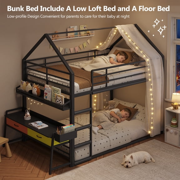 Low Bunk Bed Twin Over Twin with Desk and 2 Storage Drawers, Metal Floor Bunk Beds with Bookshelf & Side Pockets, House Shaped Twin Bunk Bed Frame with Safety Guardrail & Ladder, Black