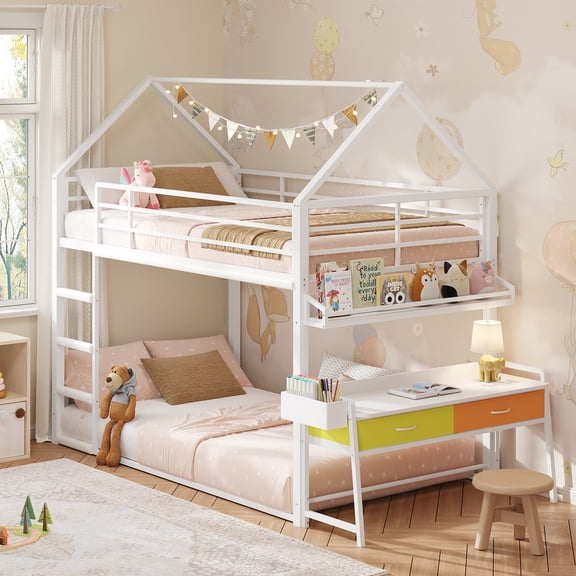Low Bunk Bed Twin Over Twin with Desk, House Shaped Bunk Bed Frame with Bookshelf and 2 Drawers, Metal Floor Twin Bunk Beds with Full-Length Guardrail and Ladder for Dormitory and Bedroom, White