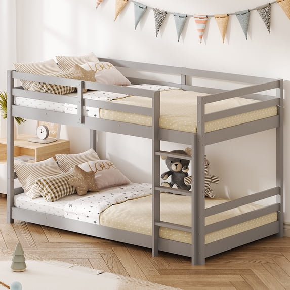 Twin Over Twin Kids Bunk Bed, UHOMEPRO Solid Wood Floor Bunk Bed for Kids Bedroom, High Safety Rail, Ladder, Heavy Duty Space-Saving Bunk Beds, Convertible into 2 Twin Beds, Grey