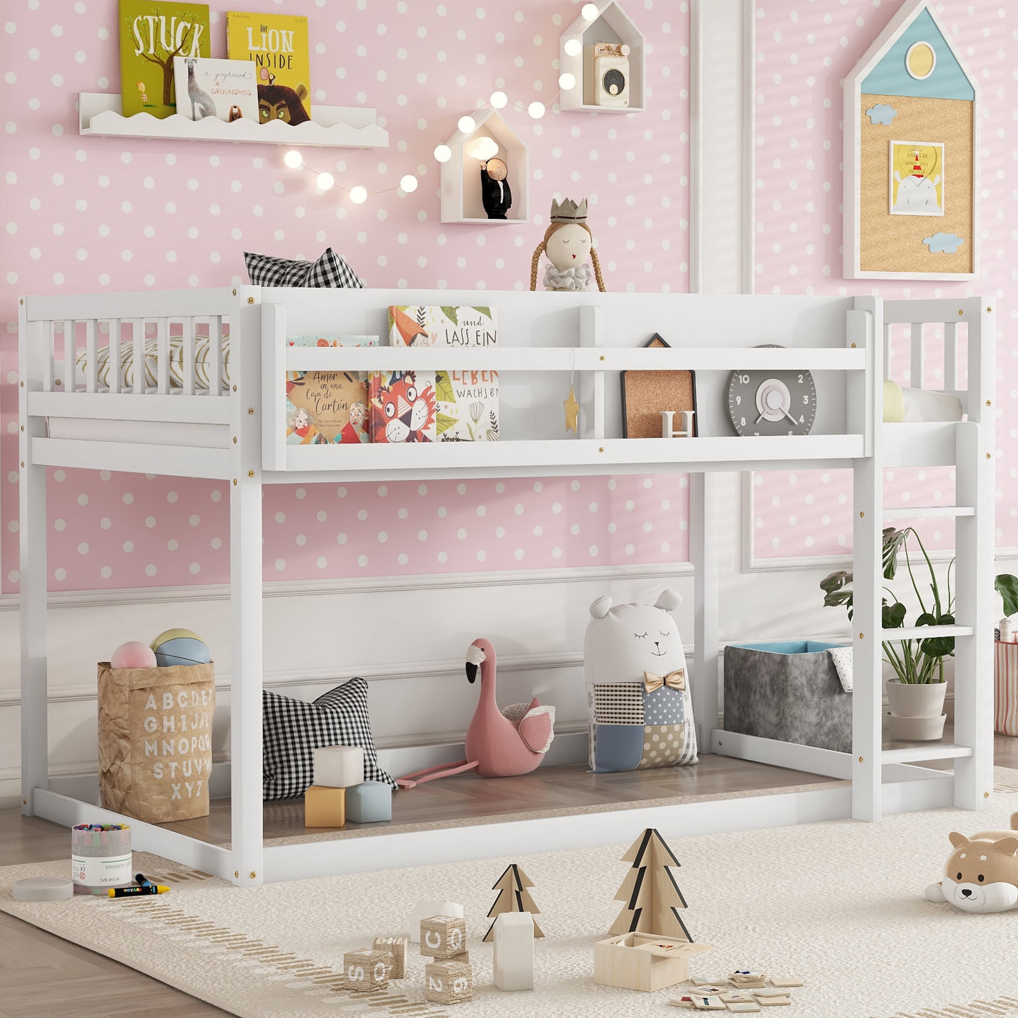 Low Bunk Bed, Twin Over Twin Low Bunk Bed - Solid Wood Frame with Ladder and Guardrail, Converts to Loft Bed or Floor Bed, Space Saving for Small Rooms, Easy Assembly, White