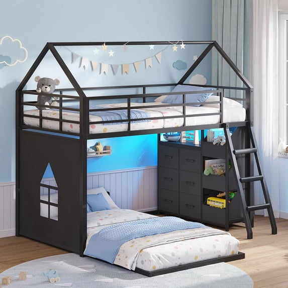 Low Bunk Bed Twin over Twin Size with 6 Storage Drawers and LED Lights, L-Shaped Floor Bunk Bed Frame with Open Storage Box, Safety Guardrail & Ladder, House Shaped Metal Bunk Beds for 2 Teens, Black